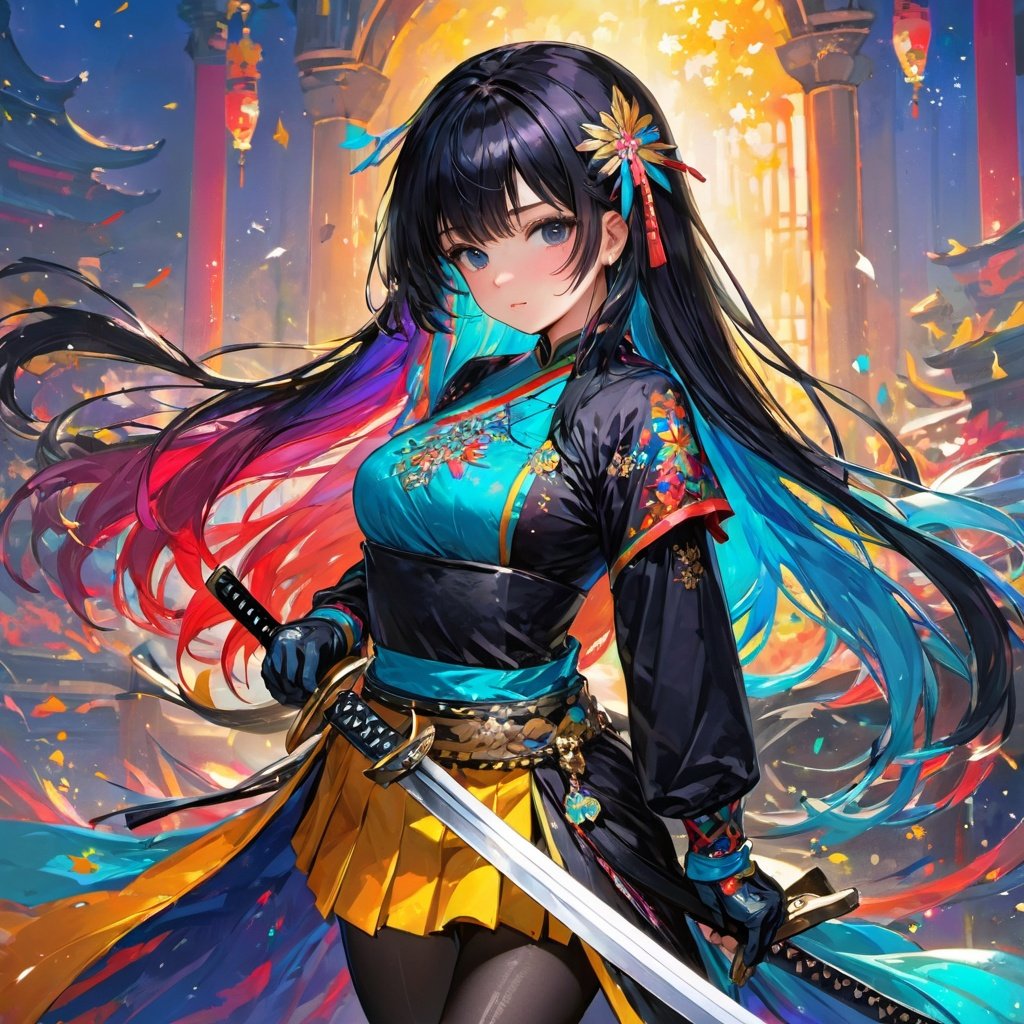 colorful, best quality, masterpiece, highres, original, extremely detailed wallpaper,1girl, bangs, black_hair, breasts, closed_mouth, gloves, hair_ornament, holding, katana, long_hair, long_sleeves, looking_at_viewer, multicolored_hair,  sheath, solo, unsheathing, upper_body, 