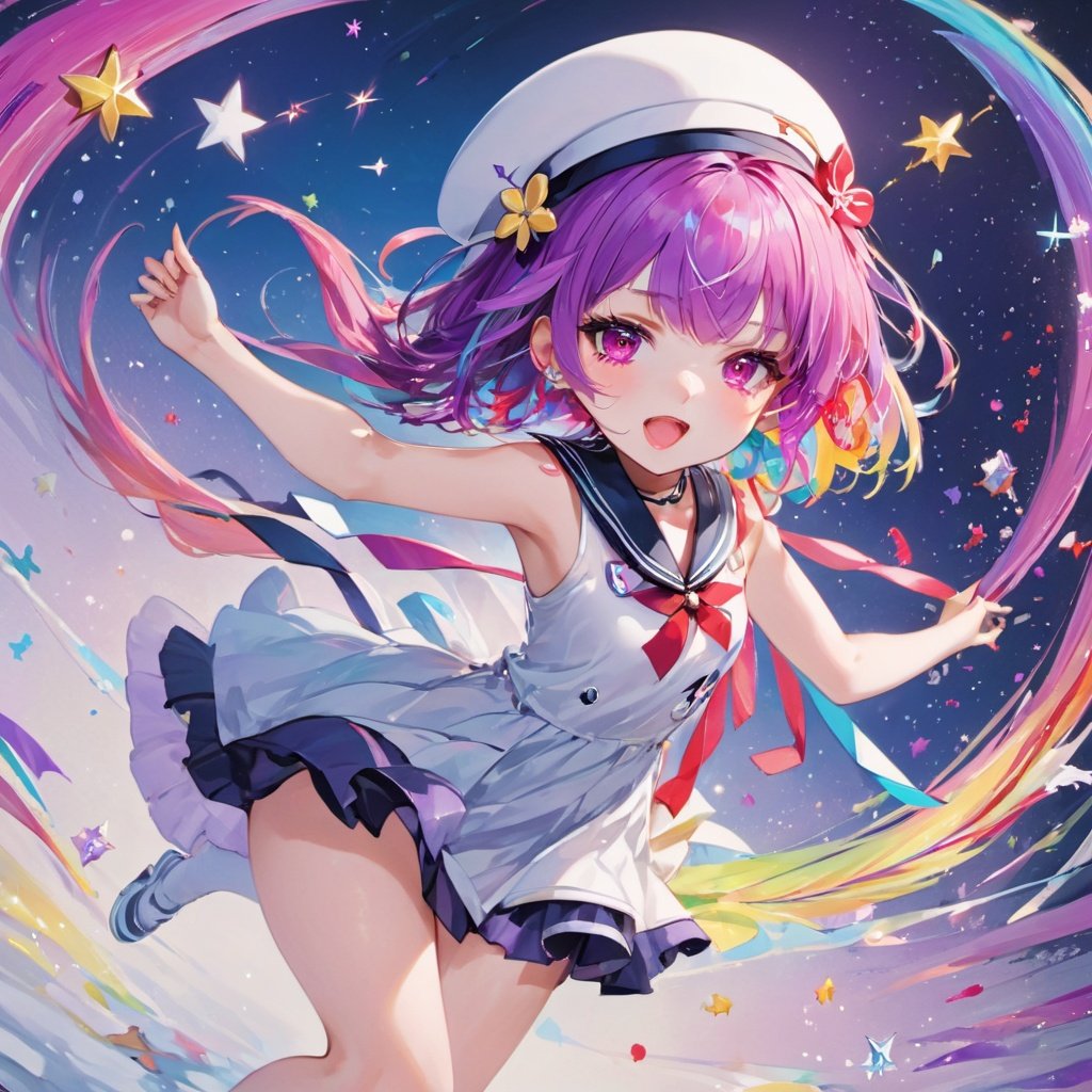 colorful, best quality, masterpiece, highres, original, extremely detailed wallpaper,1girl, solo, hat, red eyes, long hair, purple hair, hair flower, sailor collar, cross, choker, beret, hair ornament, bangs, dress, shoulder cutout, open mouth, smug, ;3, naughty face, arms behind back, leaning forward