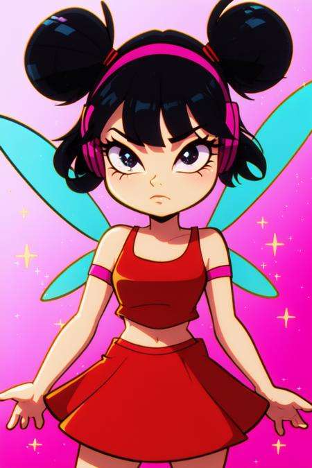 (Musa), (short twin tails, bangs, black hair, black eyes), (fairyoutfit), (red dress, red skirt, simple blue fairy wings, purple headphones, sparkling clothing), (white background, solid white background:1.2), (realistic:1.2), (masterpiece:1.2), (full-body-shot:1),(Cowboy-shot:1.2), neon lighting, dark romantic lighting, (highly detailed:1.2),(detailed face:1.2), (gradients), colorful, detailed eyes, (natural lighting:1.2), (neutral standing pose:1.2), (solo, one person, 1girl:1.5),<lora:WinxClubMusa-10:0.9> <lora:add_detail:0.15> <lora:hipoly3DModelLora_v10:0.05> <lora:RSERomantic_RSESofiko_RSEEmma-v1:0.1> <lora:BeautifulEyes:0.65>