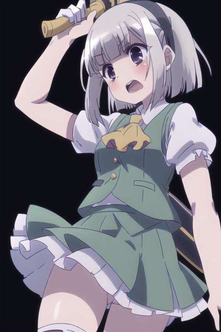 1girl, konpaku youmu, solo, weapon, skirt, blush, sword, konpaku youmu (ghost), short sleeves, ascot, green skirt, short hair, shirt, puffy sleeves, vest, puffy short sleeves, bangs, open mouth, hairband, katana, female masturbation, white background, masturbation, sheath, ribbon, purple eyes, simple background, hair ribbon, black hairband, green vest, sheathed, skirt set, white hair, blunt bangs, white shirt, ^^^, frilled skirt, grey hair, cowboy shot, bob cut