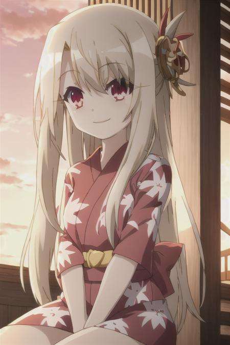 1girl, solo, long_hair, blonde_hair, red_eyes, white_hair, grey_hair, masterpiece, best quality, detailed, 1girl, temple, sitting, red kimono, topless, light smile, arms behind back, sunset, hair ornament, <lora:fateKaleid:1>