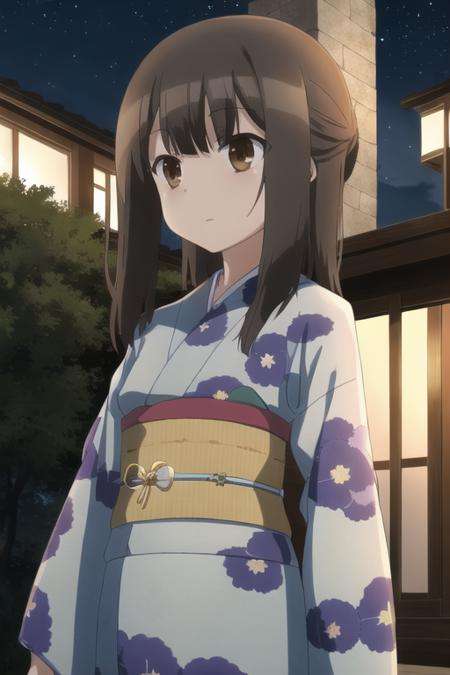 outdoors,night,stars,kimono ,belt, 1girl, solo, long_hair, bangs, brown_hair, black_hair, brown_eyes,