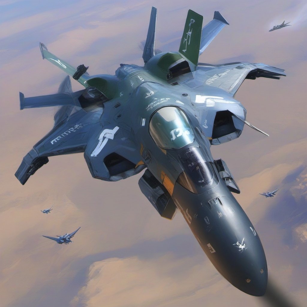 zj, vehicle focus, jet, military vehicle, fighter jet, airplane, military, aircraft, realistic, no humans, science fiction, flying, from above, variable fighter, pilot, helmet, signature, pilot suit, thrusters, missile, shadow, cockpit, roundel, spacecraft