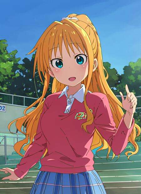 masterpiece, best quality, ultra-detailed, illustration, <lora:kdm-style-v05:0.9>,  1girl, solo, upper body, outdoors, <lora:hinoAkaneTHEIdolmSTER_v10:0.6> hino akane /(idolmaster/), long hair, high ponytail, orange hair, green eyes, red shirt, polo shirt, long sleeves, sleeves rollled up, blue skirt, plaid skirt, 