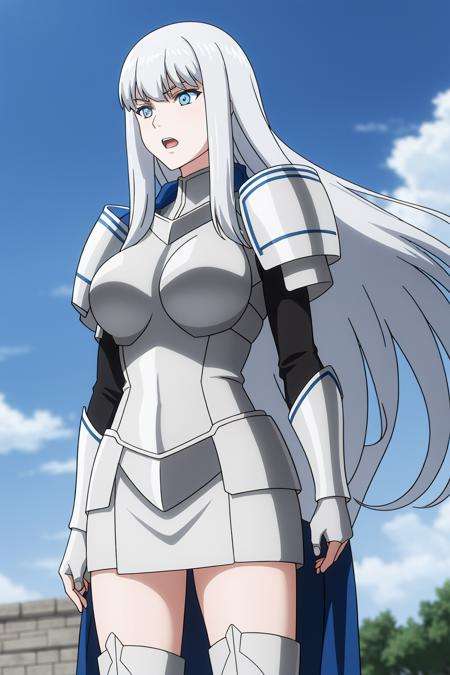 scama, anime_art_style, 1girl, solo, long_hair, open_mouth, blue_eyes, upper_body, white_hair, sky, armor, blue_sky, shoulder_armor