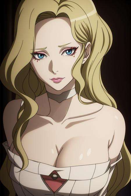 hilma, anime_art_style, 1girl, solo, long_hair, breasts, looking_at_viewer, blue_eyes, blonde_hair, cleavage, closed_mouth, collarbone, grey_eyes, makeup, lipstick, portrait, eyeshadow