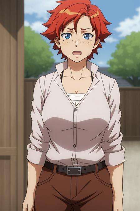 brita, anime_art_style, 1girl, solo, looking_at_viewer, short_hair, open_mouth, blue_eyes, collarbone, upper_body, red_hair, mole, :o, mole_under_eye, freckles, anime_coloring