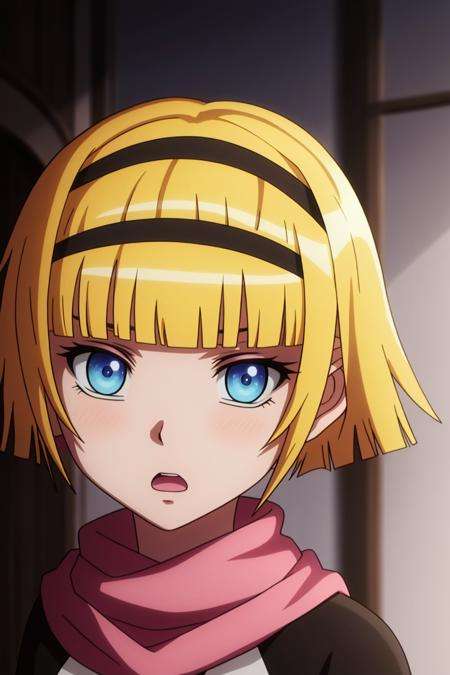 arche, anime_art_style, 1girl, solo, looking_at_viewer, short_hair, open_mouth, bangs, blue_eyes, blonde_hair, hairband, blunt_bangs, scarf, blurry, blurry_background, parody, black_hairband, portrait