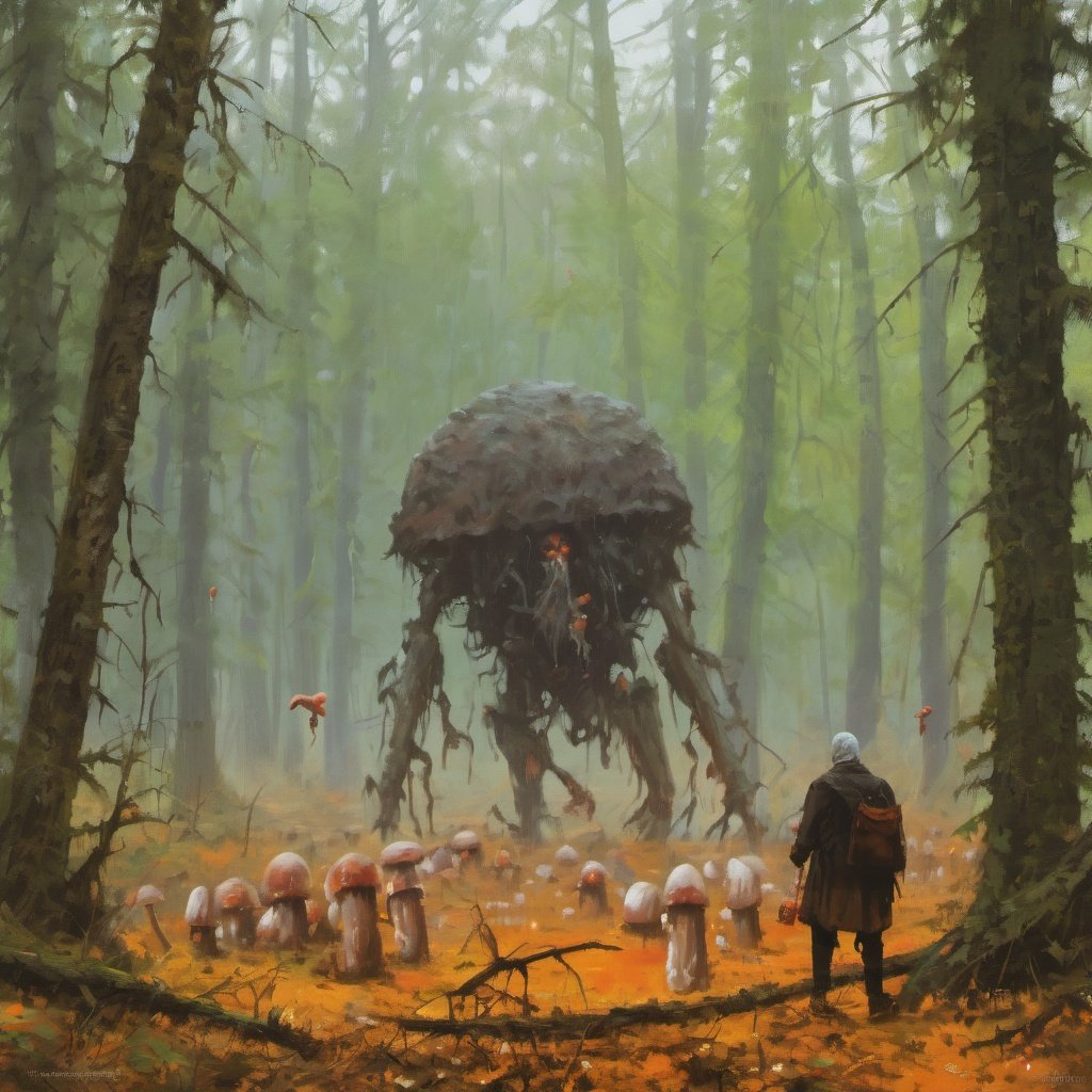 <lora:rozalskiResized2:1> painting by jakub rozalski, a man being consumed by a fungal infection, forest, mushrooms, horror