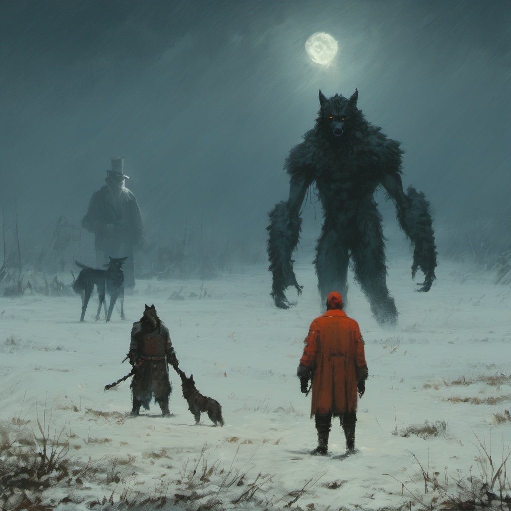<lora:rozalskiResized2:1> painting by jakub rozalski, a werewolf and a man standing in a snowy field, moon, dark, night