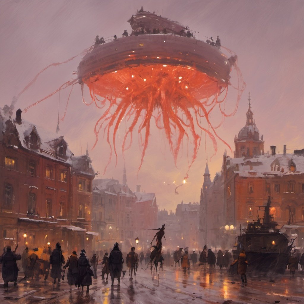 <lora:rozalskiResized2:1> painting by jakub rozalski, an alien ship with tentacles flying over a city, eldritch horror