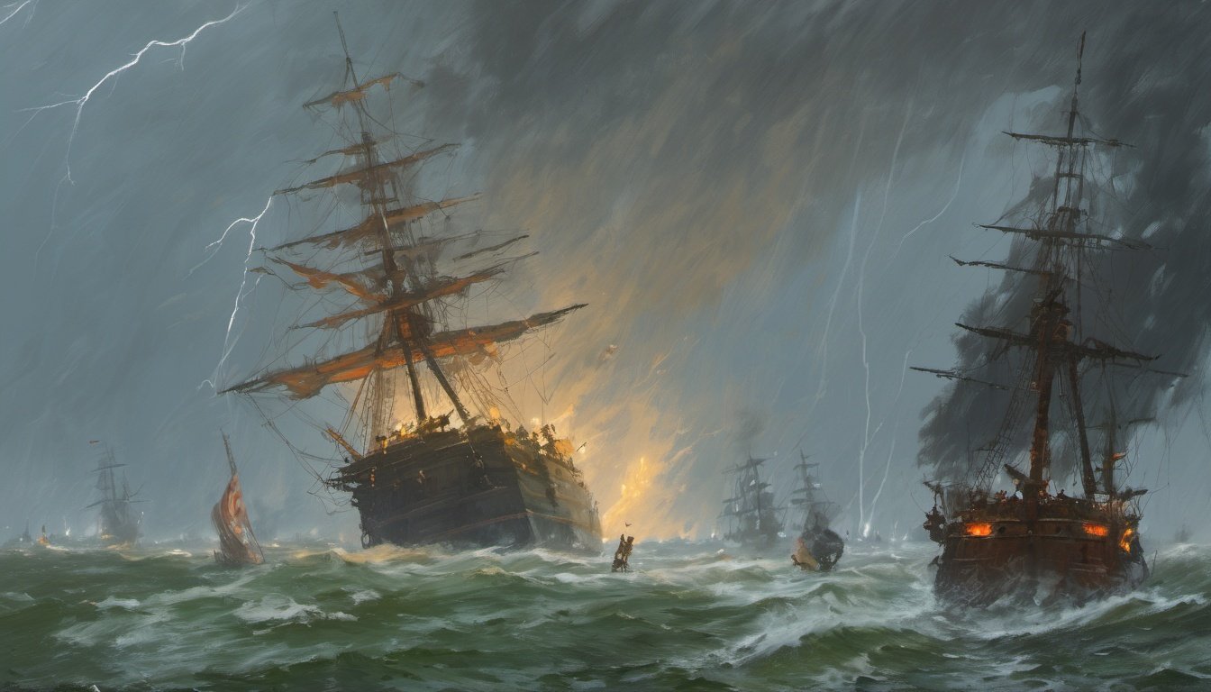 <lora:rozalskiResized2:0.9> painting by jakub rozalski, a naval battle, huge ship, storm, lightning