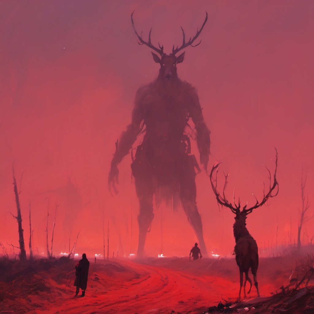 <lora:rozalskiResized2:1> painting by jakub rozalski, a gigantic deer looming ominously in the distance, red sky, shadowy figure