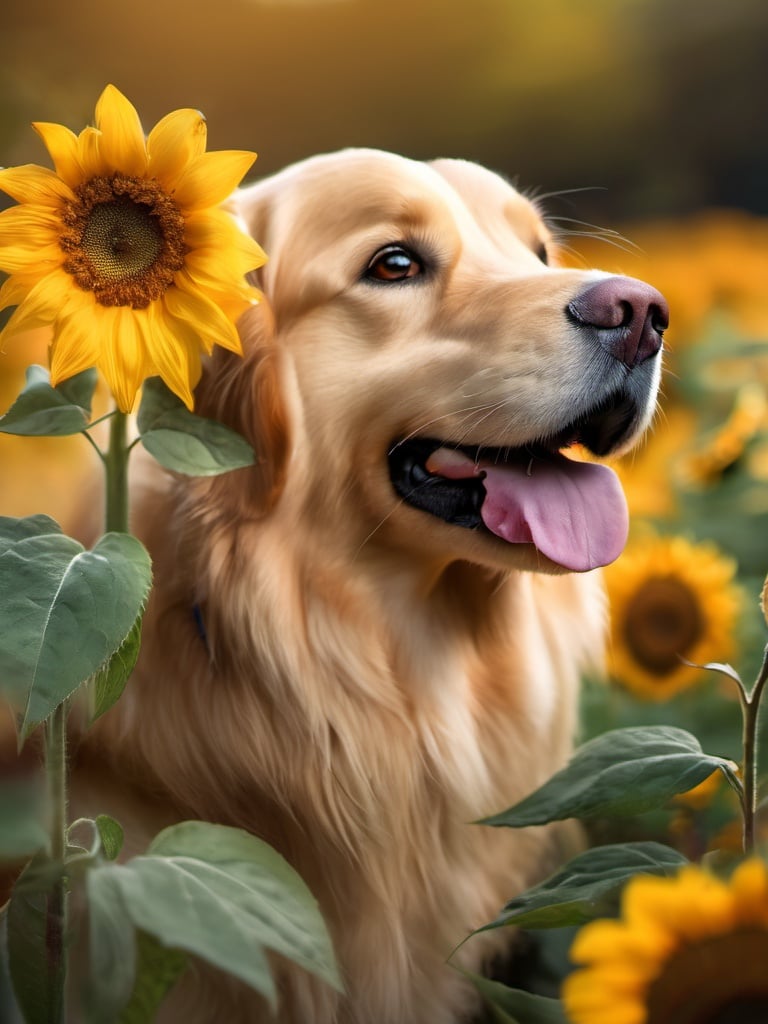 AP, no humans, flower, realistic, animal focus, animal, dog, blurry, sunflower, whiskers, fangs, blurry background, mouth hold, Golden Retriever, <lora:EMS-19500-EMS:0.65>