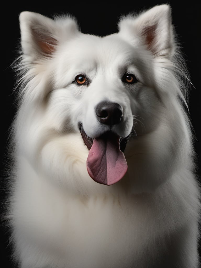 AP, no humans, realistic, animal focus, black background, simple background, animal, looking at viewer, solo, white fur, fluffy, closed mouth, Shepherd dog, <lora:EMS-19500-EMS:0.65>