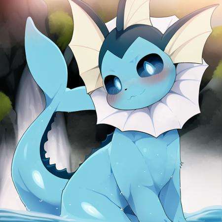 <lora:dagasi style:0.97> dagasi, animal focus, three-quarter view, (anthro), vaporeon, eeveelution, (solo), big eyes, pupils, paws, waterfall, ((symmetrical)), female, anatomically correct, masterpiece, best quality, detailed background, blue eyes, pokemon (species)