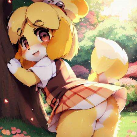 female , (isabelle), , multi colored fur, fluffy, hires, detailed, anime, kemono, , petals, flowers, tree, detailed background, beautiful detail, sparkles, pixiv, cute kawaii, <lora:dagasi style:0.81> (())(dagasi) <lora:isabelle:1>