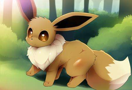 <lora:dagasi style:0.97> dagasi, animal focus, three-quarter view, (feral), eevee, eeveelution, (solo), big shining eyes, pupils, paws, forest, ((symmetrical)), anatomically correct, masterpiece, best quality, detailed background, brown eyes, pokemon (species), fullbody, 