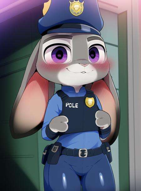 <lora:dagasi style:0.67>  detailed,anime, zootopia, rabbit, female,  dagasi, animal focus, (solo), cute eyes, cute smile, ((symmetrical)), anatomically correct, masterpiece, best quality, detailed background, fullbody, kemono, police outfit, judy hopps