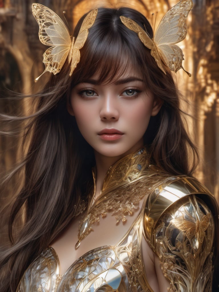 8k portrait of beautiful cyborg with brown hair, intricate, elegant, highly detailed, majestic, digital photography, art by artgerm and ruan jia and greg rutkowski surreal painting gold butterfly filigree, broken glass, (masterpiece, sidelighting, finely detailed beautiful eyes: 1.2), hdr,  <lora:sdxlb3rli-000002:0.8>