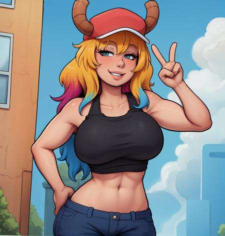 (masterpiece, best quality),1girl, standing, outside, <lora:tohdrawsStyle_v1:0.75>, peace sign, posing,  <lora:lucoaKobayashiSan_v10:0.85>, portrait,cap, horns, smiling, parted lips, multicolored hair, tank top, jean shorts, long hair, hand on hip