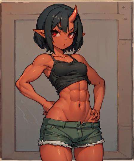 1girl, solo, goblin, red skin, black hair, short hair, oni horns, (muscular:0.7), red eyes, standing, no panties, shorts, navel, (sarashi), hand on hip, looking at viewer <lora:artist-noise:1>