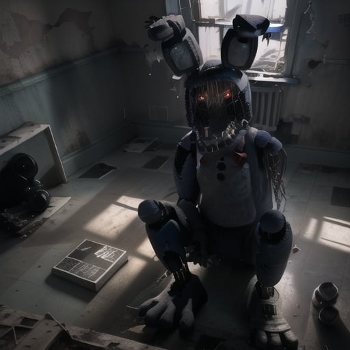 <lora:fnaf withbonnie-05:1> withbonnie, inside abandoned building, sitting on floor, knees up, top view, no light source, glowing eyes, checkered floor, vhs effect, looking at viewer, dirty place, filthy floor, cctv pov, horror scene,, masterpiece, best quality