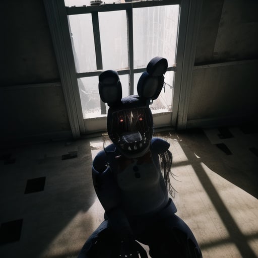 <lora:fnaf withbonnie-05:1> withbonnie, inside abandoned building, sitting on floor, knees up, top view, no light source, glowing eyes, checkered floor, vhs effect, looking at viewer, dirty place, filthy floor, cctv pov, horror scene,, masterpiece, best quality