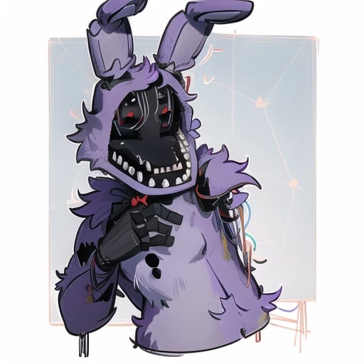 anthropomorphic, detailed fur, (fluffy anthro furry:1.5), furry, cute face,purple fur, rabbit ears  <lora:fnaf withbonnie-05:1> withbonnie, missing left arm, amputated left arm, wires, masterpiece, best quality