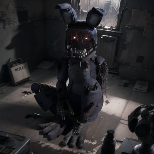 <lora:fnaf withbonnie-05:1> withbonnie, inside abandoned building, sitting on floor, knees up, top view, no light source, glowing eyes, checkered floor, vhs effect, looking at viewer, dirty place, filthy floor, cctv pov, horror scene,, masterpiece, best quality