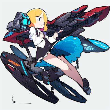 <lora:Eiken3kyuboyArtist-20:1>, mech parts, cyborg, 1girl, floating in the air,   skirt,  blonde hair, 