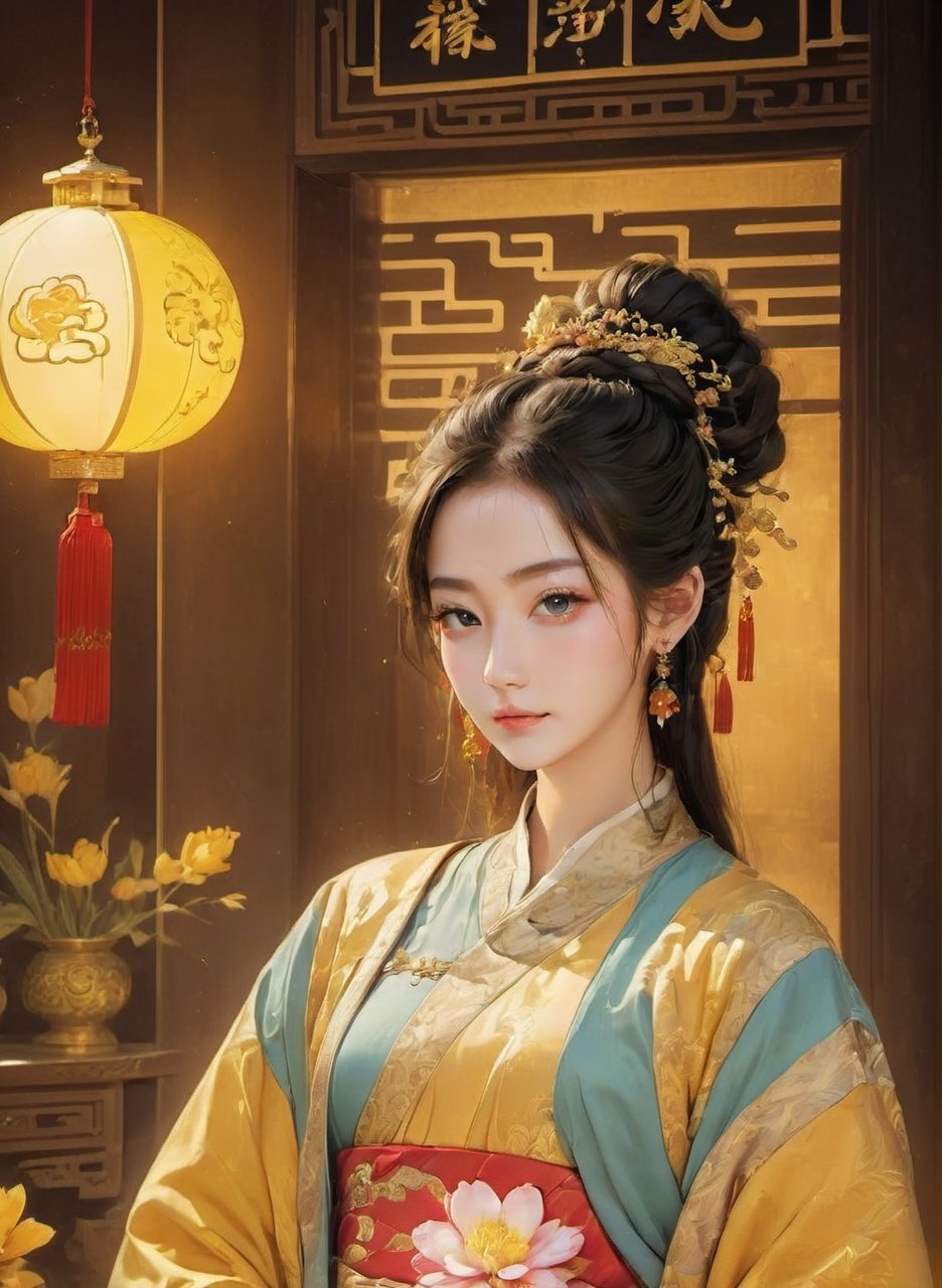 masterpiece,best quality,(photorealistic:1.4),Ding Xianghua,(ultra detailed:1.3),illumination effect with a dreamy feeling,chrysanthemum,(palace hair accessories of the tang dynasty:1.2),(gilding:1.2),gorgeous headgear,scattered petals,(full body:1.1),fine clothing details,chinese style bun,jewelry details,the effect of a diffuse aroma,lilac flower,complex artistic composition,tulip,masterpiece,unity 8k wallpaper,1girl,center frills,cut-in,ancient palace,(the dark golden undercurrent circulating:1.1),<lora:leidian-000009 (1):0.8>,