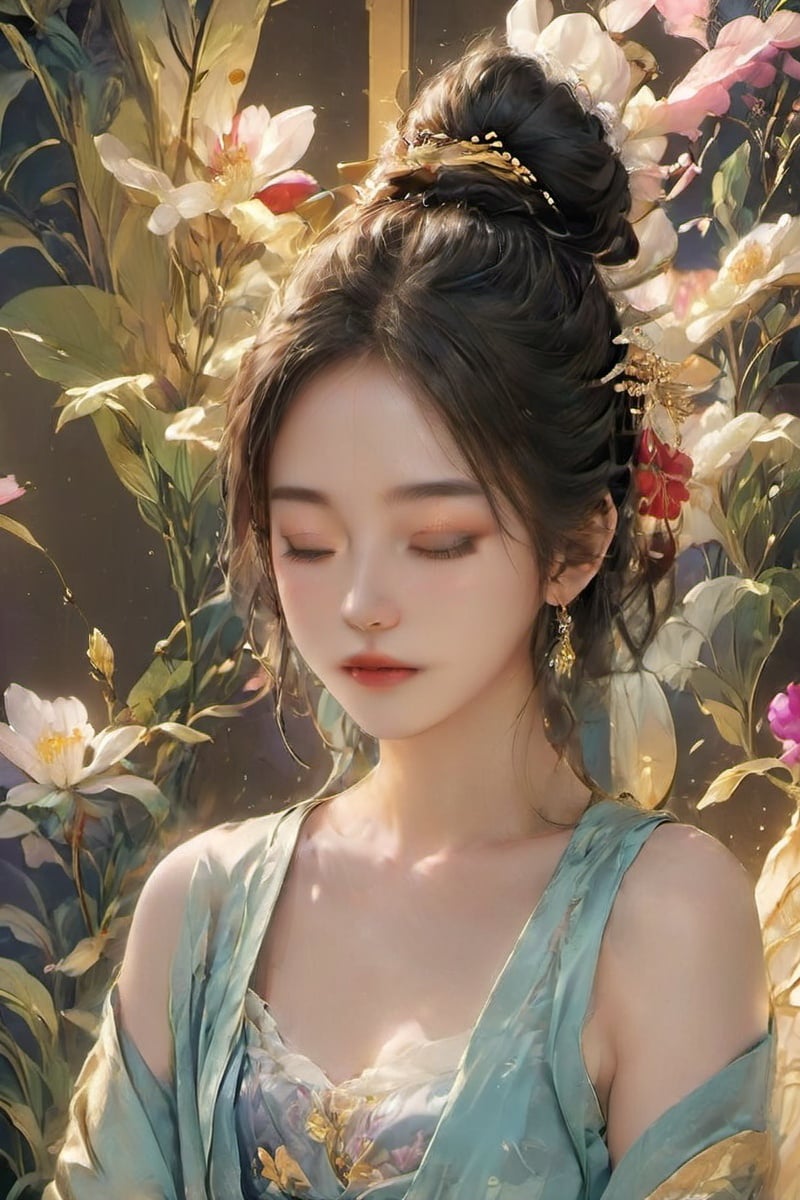 masterpiece,best quality,(photorealistic:1.4),(Ding Xianghua:1.3),(ultra detailed:1.3),illumination effect with a dreamy feeling,closed eyes,chrysanthemum,(palace hair accessories of the tang dynasty:1.2),(gilding:1.2),gorgeous headgear,(fine facial details:1.2),scattered petals,(full body:1.1),fine clothing details,chinese style bun,jewelry details,the effect of a diffuse aroma,lilac flower,complex artistic composition,tulip,masterpiece,unity 8k wallpaper,1girl,center frills,cut-in,ancient palace,(the dark golden undercurrent circulating:1.1),<lora:leidian (1):0.8>,