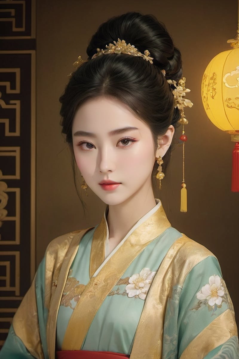 masterpiece,best quality,(photorealistic:1.4),(Ding Xianghua:1.3),(ultra detailed:1.3),illumination effect with a dreamy feeling,chrysanthemum,(palace hair accessories of the tang dynasty:1.2),(gilding:1.2),gorgeous headgear,(fine facial details:1.2),scattered petals,(full body:1.1),fine clothing details,chinese style bun,jewelry details,the effect of a diffuse aroma,lilac flower,complex artistic composition,tulip,masterpiece,unity 8k wallpaper,1girl,center frills,cut-in,ancient palace,(the dark golden undercurrent circulating:1.1),,