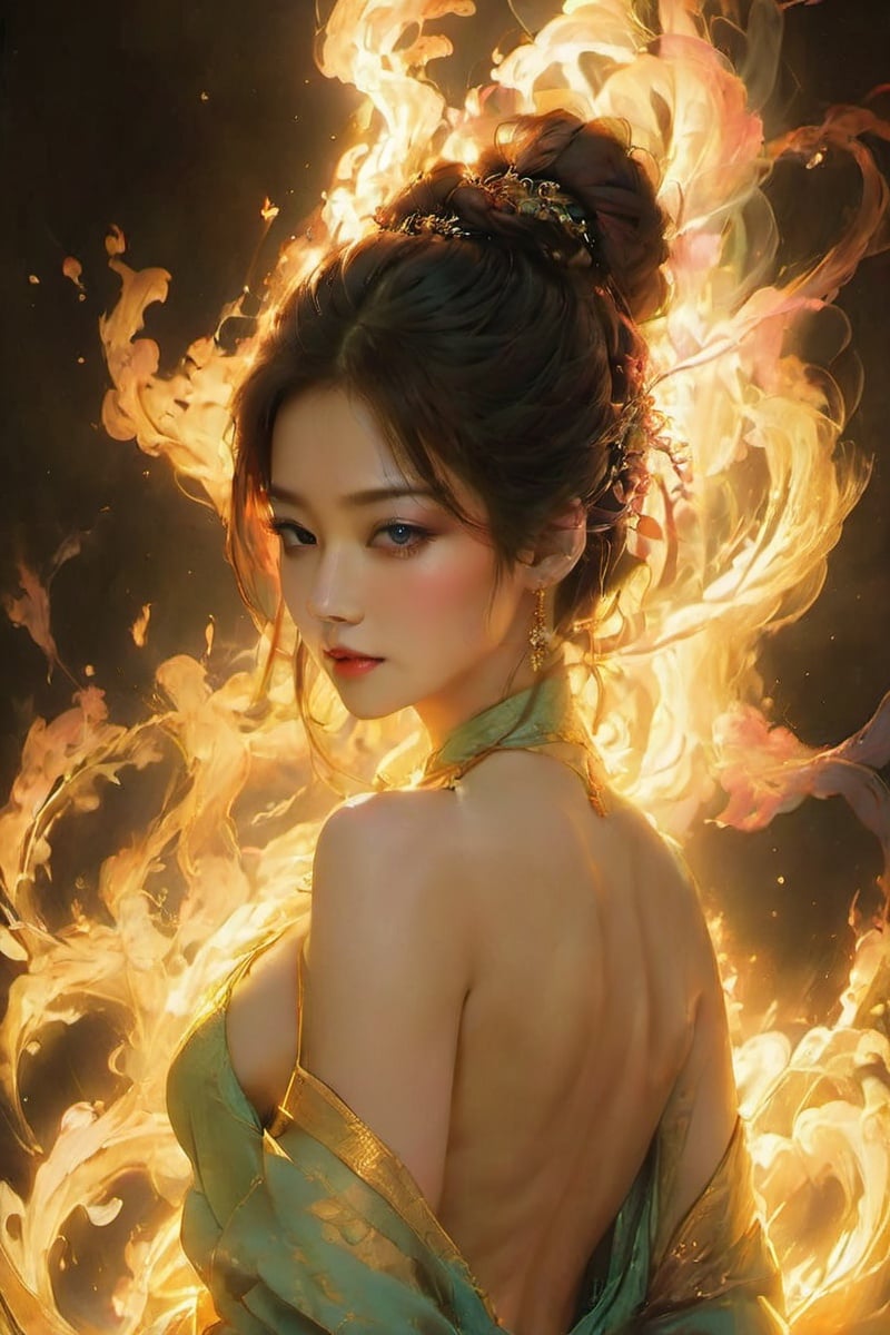 masterpiece,best quality,(photorealistic:1.4),(Ding Xianghua:1.4),(bare shoulders:0.85),((nude:1)),(boobs naked:0.55),(Glowing ambiance, enchanting radiance, luminous lighting, ethereal atmosphere, mesmerizing glow, evocative hues, captivating coloration, dramatic lighting, enchanting aura),1girl,masterpiece,best quality,1girl,(in smoke:1.1),(dynamic smokeanywhere:1.4),(upper body:1.2),((nipples:0.55)),(1 Chinese patterns in the middle of the girl's forehead),girl with a weak temperament,epic cinematic,soft nature lights,rim light,absurd,amazing,funny,itricate,hyper detailed,ultra realistic,soft colors,<lora:leidian (1):0.9>,