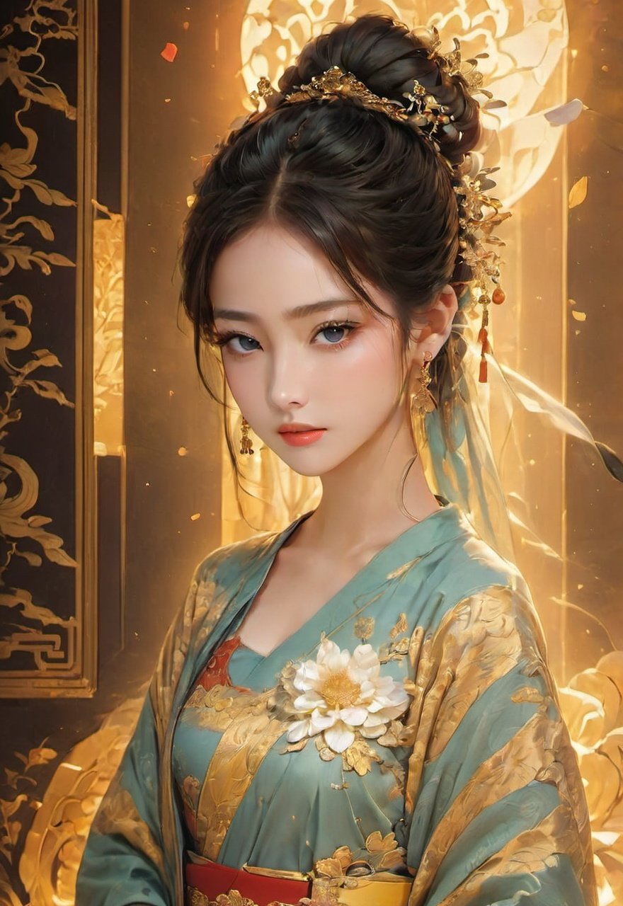 masterpiece,best quality,(photorealistic:1.4),(Ding Xianghua:1.3),(ultra detailed:1.3),illumination effect with a dreamy feeling,chrysanthemum,(palace hair accessories of the tang dynasty:1.2),(gilding:1.2),gorgeous headgear,(fine facial details:1.2),scattered petals,(full body:1.1),fine clothing details,chinese style bun,jewelry details,the effect of a diffuse aroma,lilac flower,complex artistic composition,tulip,masterpiece,unity 8k wallpaper,1girl,center frills,cut-in,ancient palace,(the dark golden undercurrent circulating:1.1),<lora:leidian (1):0.9>,