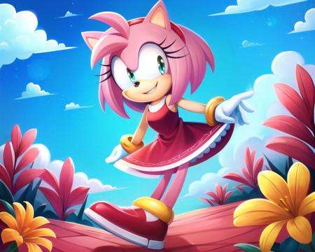 (masterpiece, best quality:1.1),fantasy,  intricate,  illustration  ,soft lighting,specular lighting,1girl, solo, dress, pink skin,detailed eyes, full body, <lora:Amy Rose:1>,amy rose,  looking at viewer, smile, dynamic pose,  sonic \(series\),  flowers, cloudy sky, holding a flower,  <lora:Children book illustration:0.5>