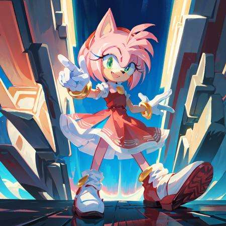 (masterpiece, best quality:1.1),fantasy,  intricate,  illustration,1girl, solo, dress, pink skin,detailed eyes,<lora:Amy Rose:1>,amy rose,  looking at viewer, smile, dynamic pose,  <lora:maplestory1Style:0.3>, sonic \(series\), 