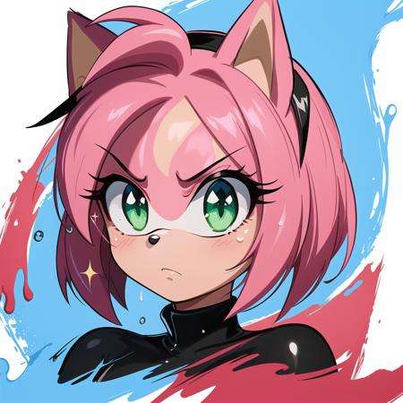 masterpiece, best quality, highres, amy rose, (pxint:1.1), (1girl:1.05), solo, detailed eyes, serious face, portrait, green eyes, beautiful, looking at viewer, droplets, pink and black, sparkle, bubble, flowing, with a splash of paint, (abstract:0.8)