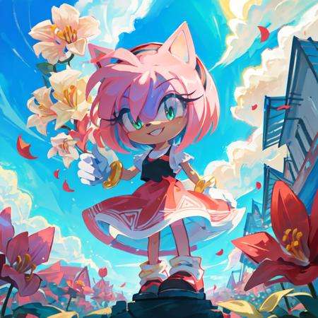 (masterpiece, best quality:1.1),fantasy,  intricate,  illustration  ,soft lighting,specular lighting,1girl, solo, dress, pink skin,detailed eyes,<lora:Amy Rose:1>,amy rose,  looking at viewer, smile, dynamic pose,  <lora:maplestory1Style:0.3>, sonic \(series\),  flowers, cloudy sky, holding a flower, chibi, 