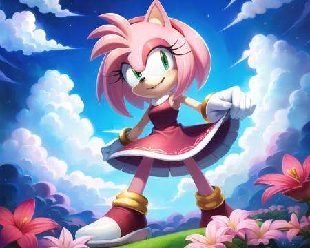 (masterpiece, best quality:1.1),fantasy,  intricate,  illustration  ,soft lighting,specular lighting,1girl, solo, dress, pink skin,detailed eyes, full body,<lora:Amy Rose:1>,amy rose,  looking at viewer, smile, dynamic pose,  <lora:maplestory1Style:0.3>, sonic \(series\),  flowers, cloudy sky, holding a flower,