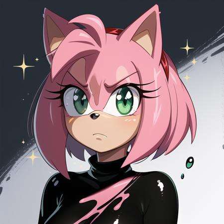 (masterpiece, best quality:1.1), amy rose, (pxint:1.1), (1girl:1.05), solo, detailed eyes, serious face, portrait, green eyes, beautiful, looking at viewer, droplets, pink and black, sparkle, bubble, flowing, with a splash of paint, (abstract:0.8)