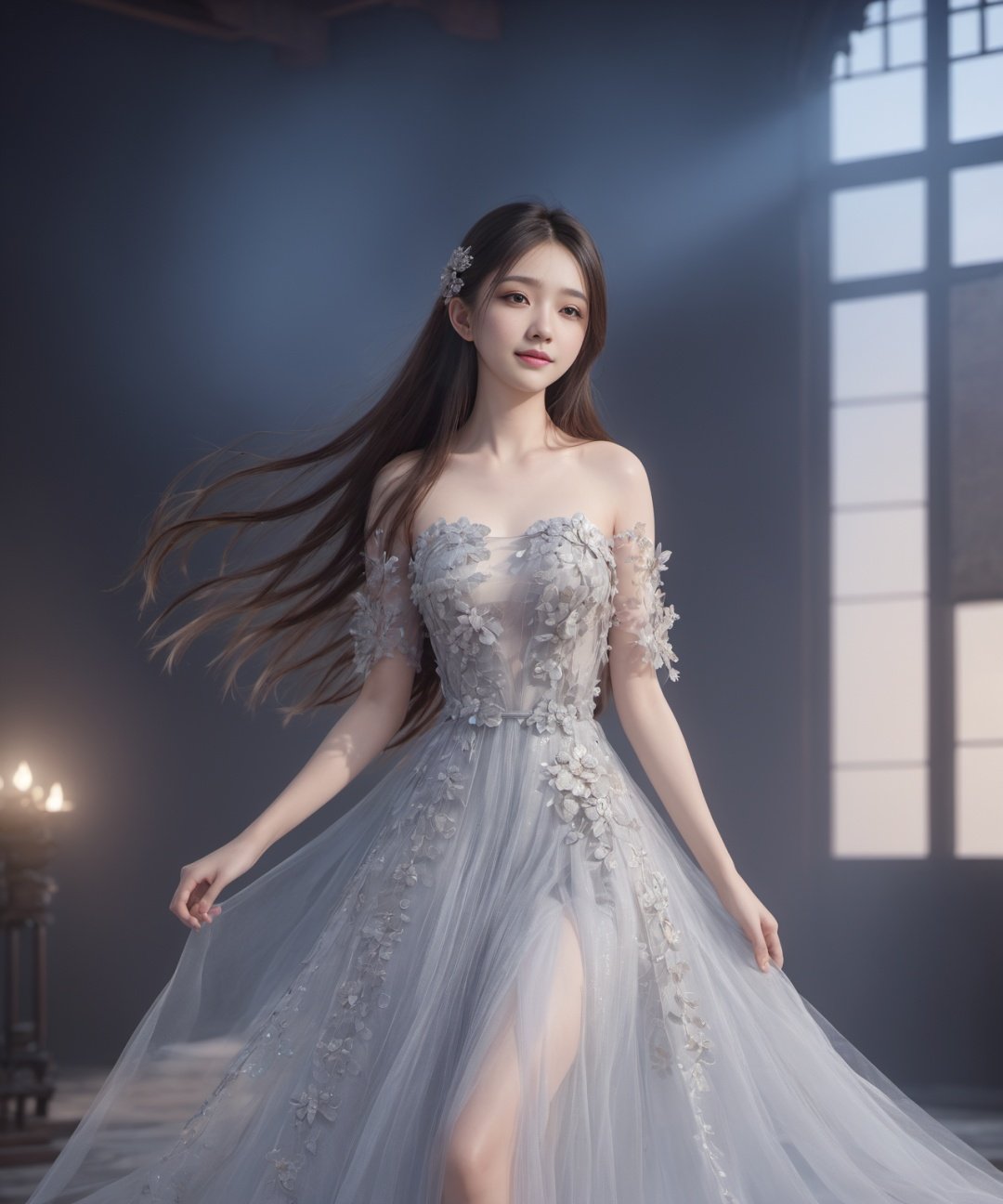 extremely detailed cg unity 8k wallpaper,masterpiece,best quality,1girl,solo,master works,whole body,tulle,long hair,huge breasts,clear skin texture,sideways,chinese girl,transparent tulle,transparent clothing,smile,chest,