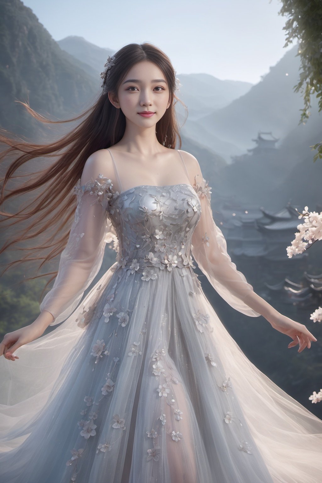 extremely detailed cg unity 8k wallpaper,masterpiece,best quality,1girl,solo,master works,whole body,tulle,long hair,huge breasts,clear skin texture,sideways,chinese girl,transparent tulle,transparent clothing,smile,