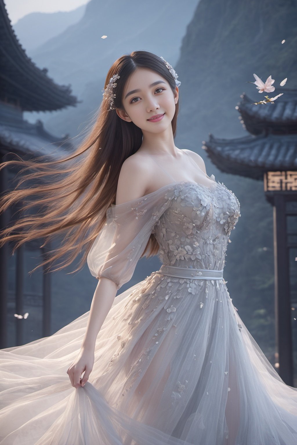 extremely detailed cg unity 8k wallpaper,masterpiece,best quality,1girl,solo,master works,whole body,tulle,long hair,huge breasts,clear skin texture,sideways,chinese girl,transparent tulle,transparent clothing,smile,