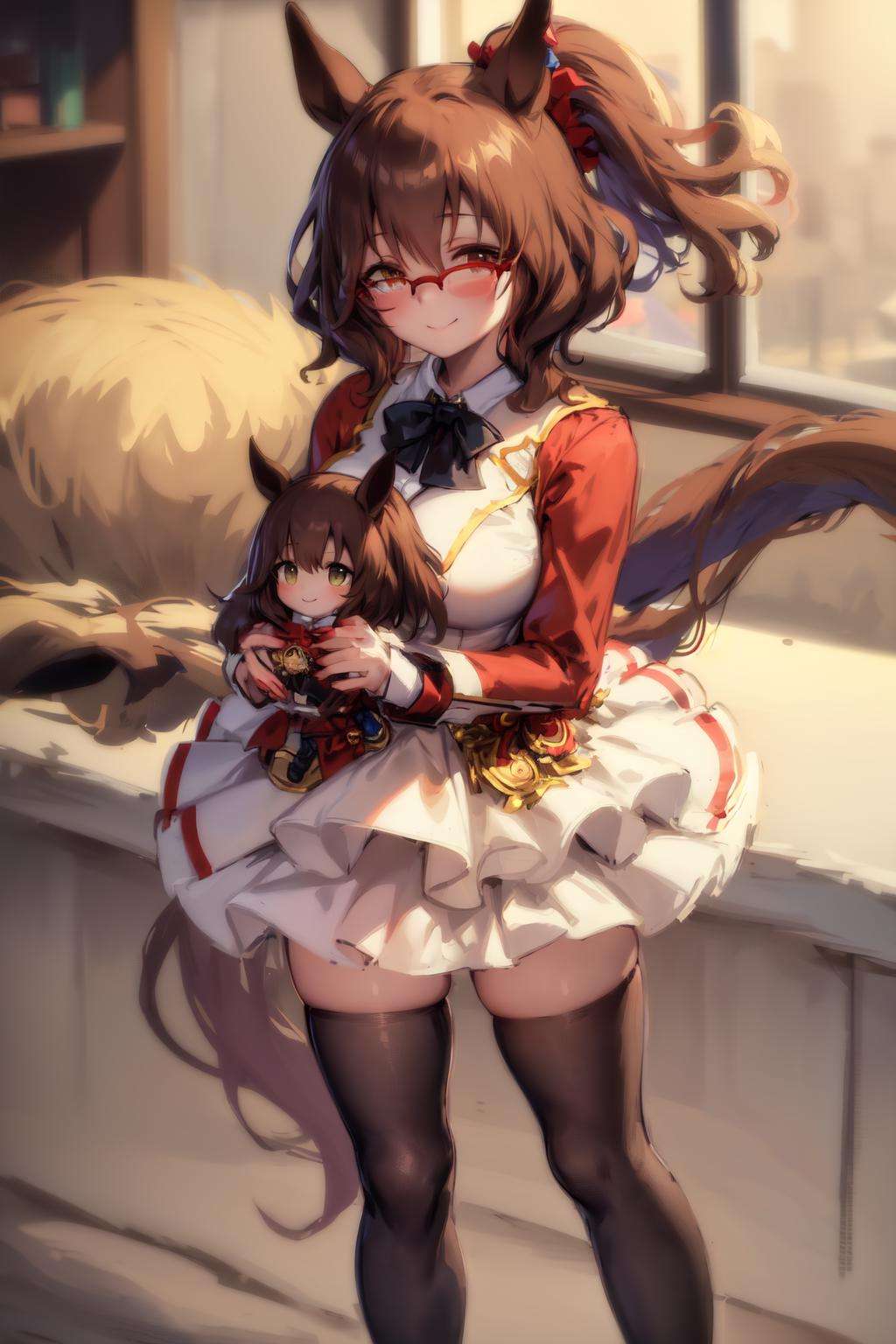 masterpiece, best quality, aston machan \(umamusume\),full body, standing, smile, holding doll, character doll, brown thighhighs, white loafer, bespectacled, red-framed eyewear, red jacket, white shirt, collared shirt, black bowtie, long sleeves, straps between breasts, skirt, white dress,<lora:aston_machan_lora:0.8>