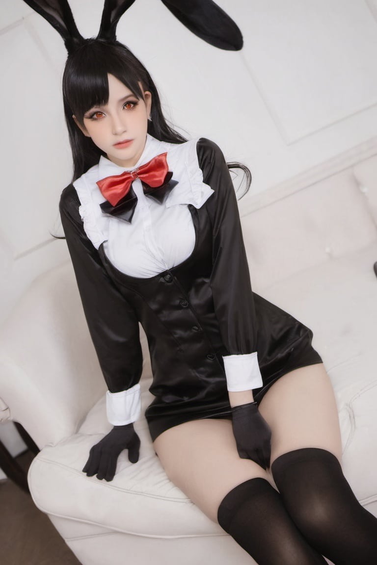 a woman in a rabbit suit and heels is posing for a picture,bunnygirl tifa,rabbit ears, a woman in a rabbit suit and heels is posing for a picture, bunnygirl tifa, solo, gloves, thighhighs, breasts, earrings, black hair, jewelry, navel, pasties, long hair, fingerless gloves, kneeling, bow, black thighhighs, black gloves, bowtie, covering, fake animal ears, large breasts, looking at viewer, covering crotch, full body, reverse bunnysuit, parted lips, reverse outfit, meme attire, red eyes, red bow, shrug \(clothing\), heart pasties, red bowtie, lips, stomach, bangs, hand between legs, long sleeves, covered nipples, dangle earrings, bottomless, between legs, rabbit ears