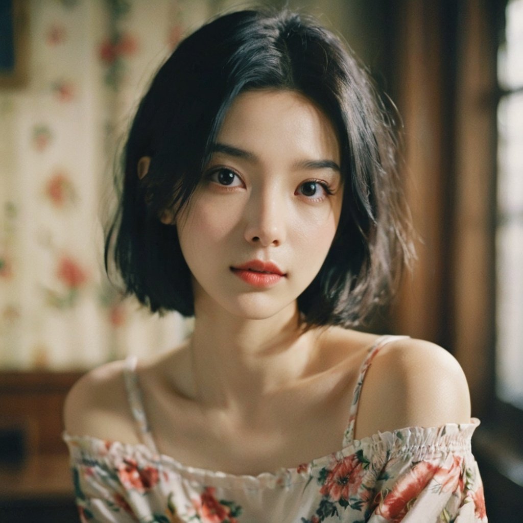 FilmGirl, 1girl, solo, looking at viewer, black hair, short hair, upper body, black eyes, lips, realistic, floral print, bare shoulders, closed mouth, collarbone, forehead, blurry, indoors, blurry background, off shoulder, shirt<lora:FilmGirl:0.85>