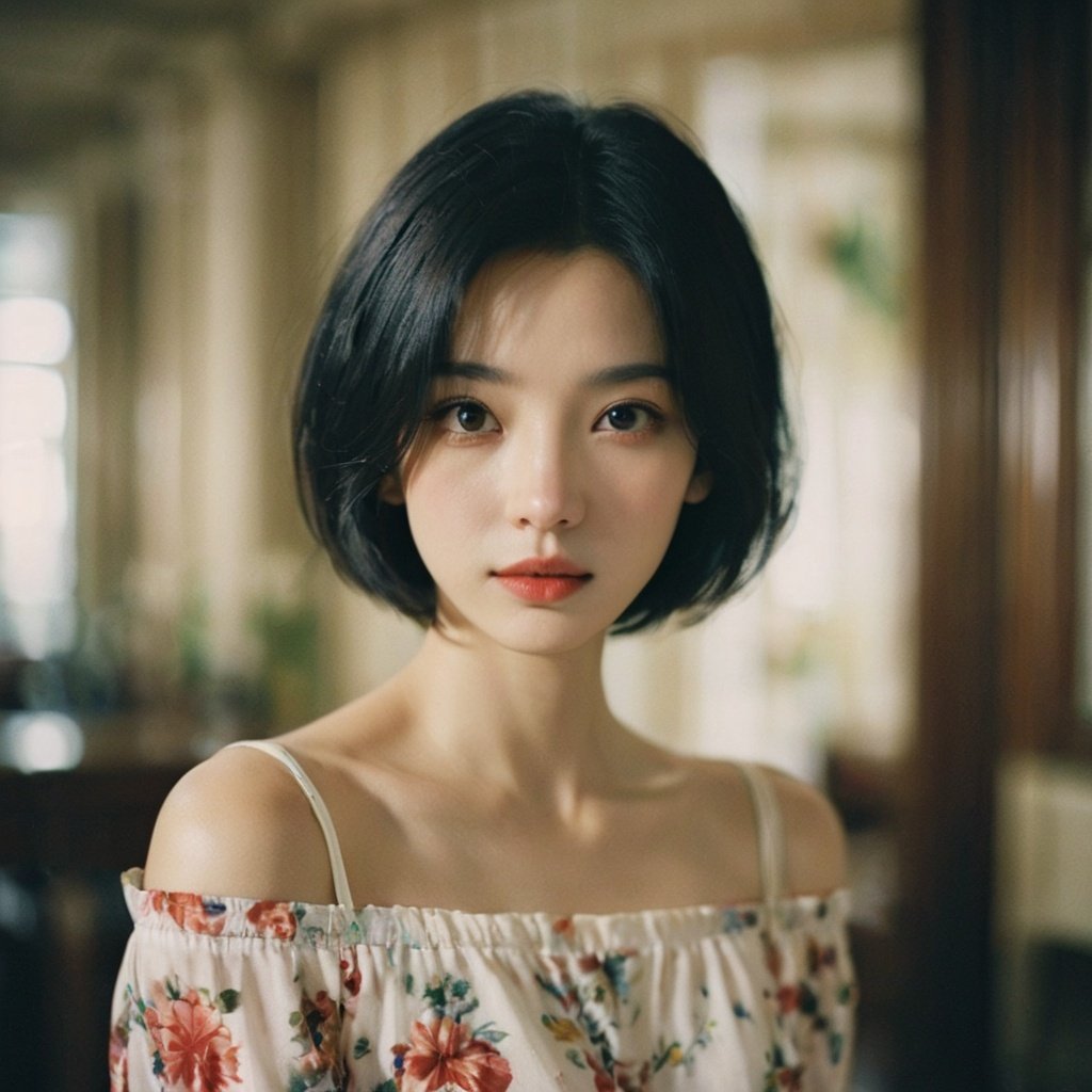 FilmGirl, 1girl, solo, looking at viewer, black hair, short hair, upper body, black eyes, lips, realistic, floral print, bare shoulders, closed mouth, collarbone, forehead, blurry, indoors, blurry background, off shoulder, shirt<lora:FilmGirl:0.85>