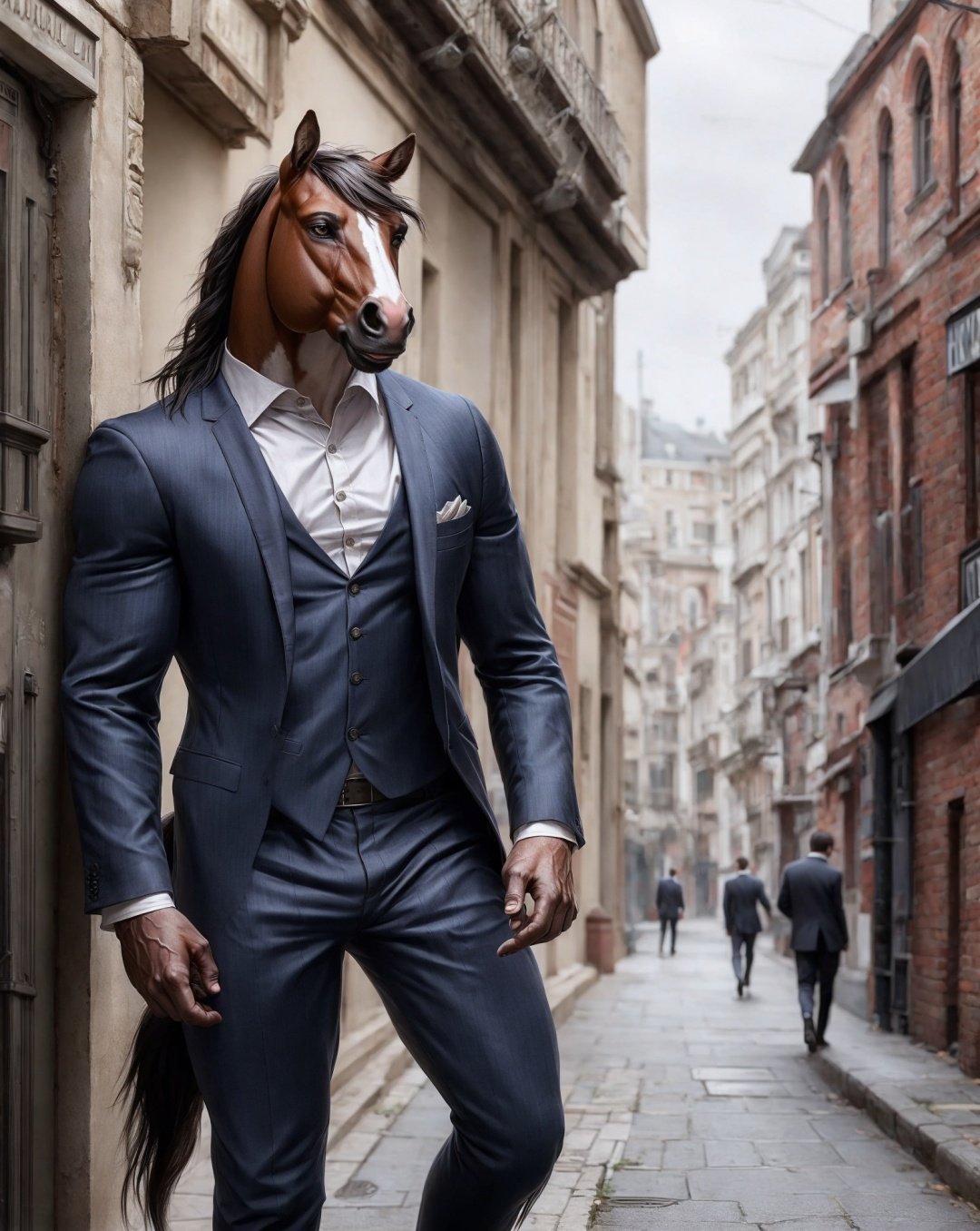 anthro, horse, male, adult, muscular, veiny muscles, suit, standing, realistic fur, detailed background, street background, realistic, photorealistic, ultra realistic, 8k,